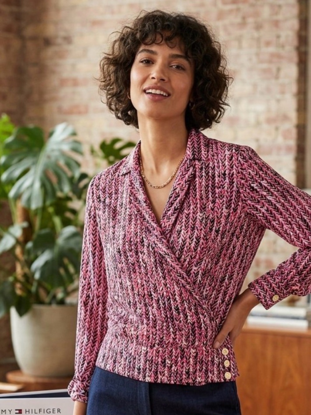 NWT Tommy Hilfiger Pink Chevron Wrap Blouse size XS